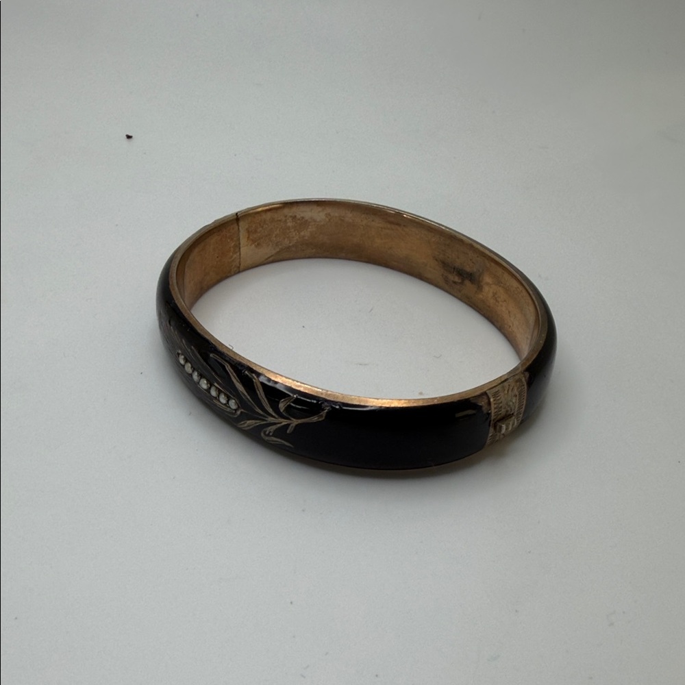 Antique Austrian 800 Silver Vermeil Black Enamel Seed Pearl Bangle Bracelet MuS
